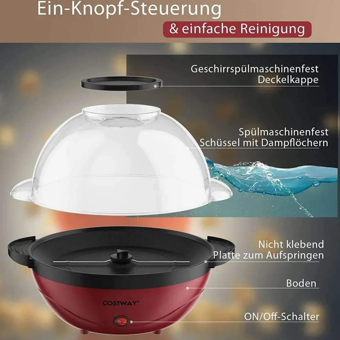 5L Popcornmaschine mit Rührwerk 850W Popcorn Maschine Popcorn Maker 35 x 30 x 25 cm Rot