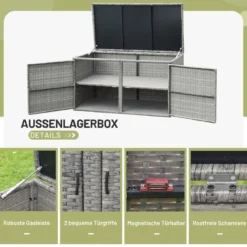 333L Rattan Auflagenbox mit Doppeltüren & Deckel & Ablage Kissenbox Gartenbox Sitzbank