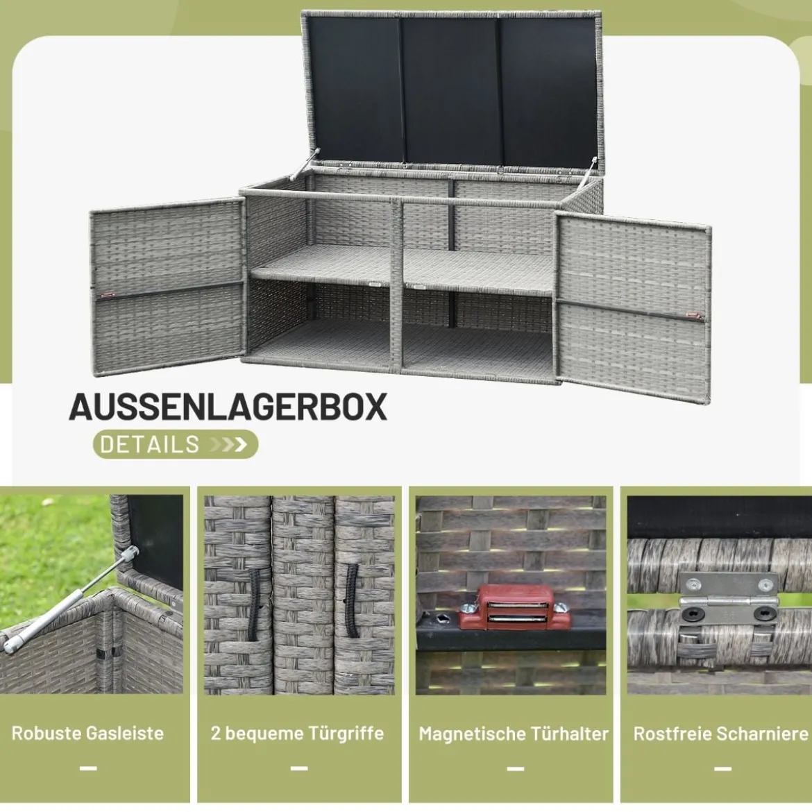 333L Rattan Auflagenbox mit Doppeltüren & Deckel & Ablage Kissenbox Gartenbox Sitzbank
