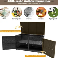 333L Rattan Auflagenbox mit Doppeltüren & Deckel & Ablage Kissenbox Gartenbox Sitzbank