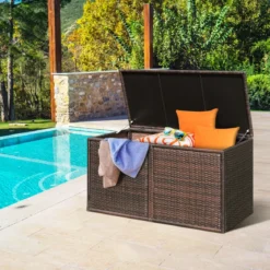 333L Rattan Auflagenbox mit Doppeltüren & Deckel & Ablage Kissenbox Gartenbox Sitzbank