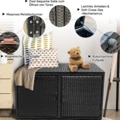 333L Rattan Auflagenbox mit Doppeltüren & Deckel & Ablage Kissenbox Gartenbox Sitzbank