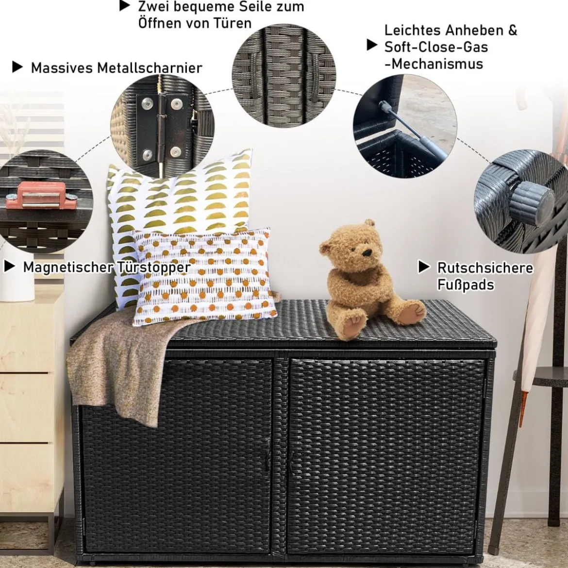 333L Rattan Auflagenbox mit Doppeltüren & Deckel & Ablage Kissenbox Gartenbox Sitzbank