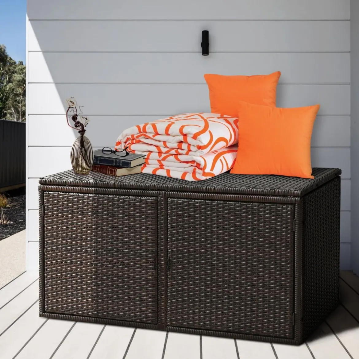 333L Rattan Auflagenbox mit Doppeltüren & Deckel & Ablage Kissenbox Gartenbox Sitzbank