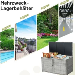 333L Rattan Auflagenbox mit Doppeltüren & Deckel & Ablage Kissenbox Gartenbox Sitzbank