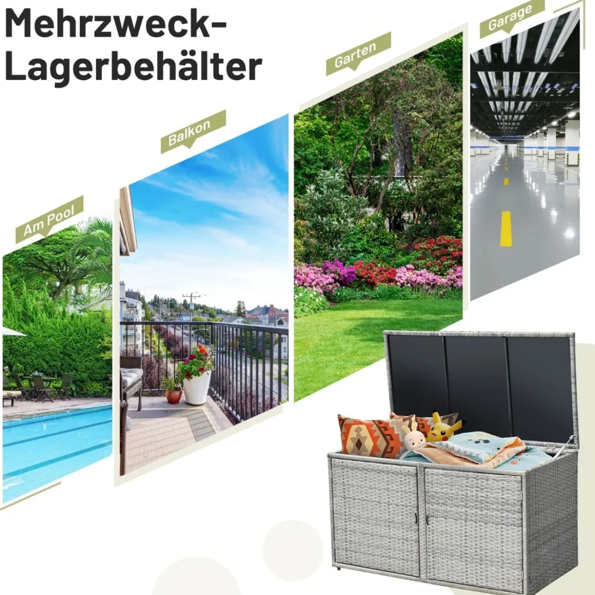 333L Rattan Auflagenbox mit Doppeltüren & Deckel & Ablage Kissenbox Gartenbox Sitzbank