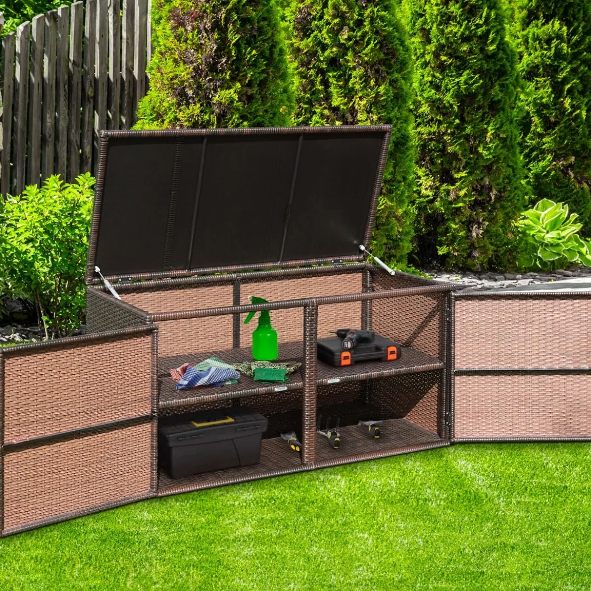 333L Rattan Auflagenbox mit Doppeltüren & Deckel & Ablage Kissenbox Gartenbox Sitzbank