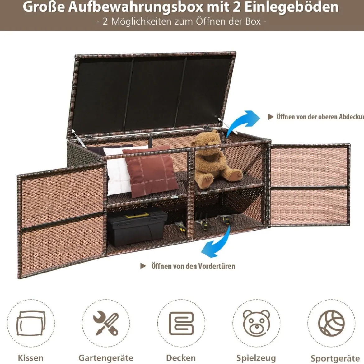 333L Rattan Auflagenbox mit Doppeltüren & Deckel & Ablage Kissenbox Gartenbox Sitzbank
