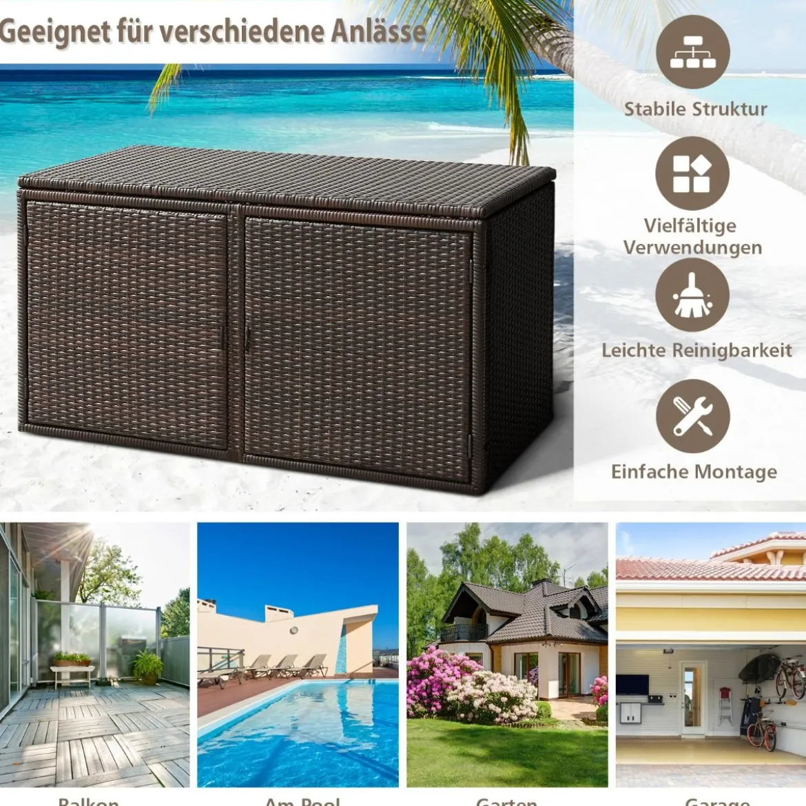 333L Rattan Auflagenbox mit Doppeltüren & Deckel & Ablage Kissenbox Gartenbox Sitzbank