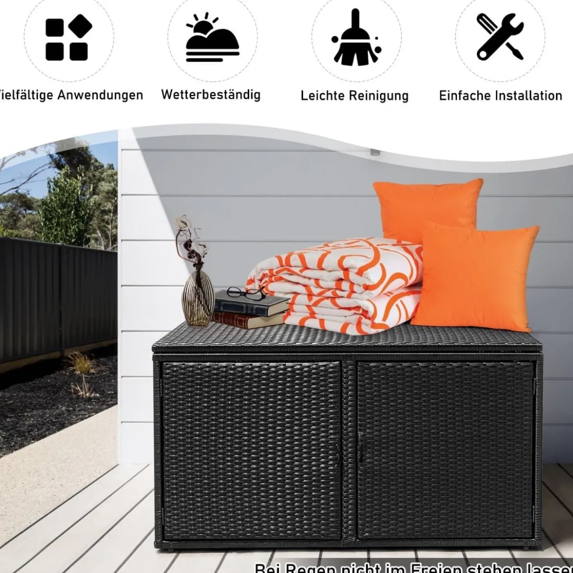 333L Rattan Auflagenbox mit Doppeltüren & Deckel & Ablage Kissenbox Gartenbox Sitzbank