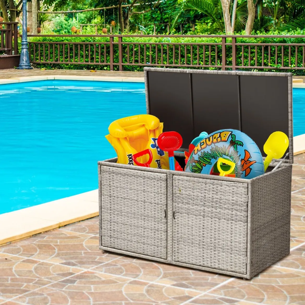 333L Rattan Auflagenbox mit Doppeltüren & Deckel & Ablage Kissenbox Gartenbox Sitzbank