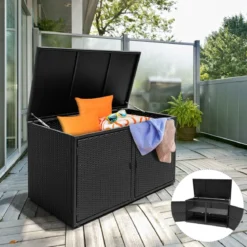 333L Rattan Auflagenbox mit Doppeltüren & Deckel & Ablage Kissenbox Gartenbox Sitzbank