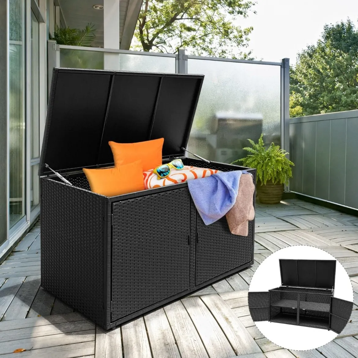 333L Rattan Auflagenbox mit Doppeltüren & Deckel & Ablage Kissenbox Gartenbox Sitzbank