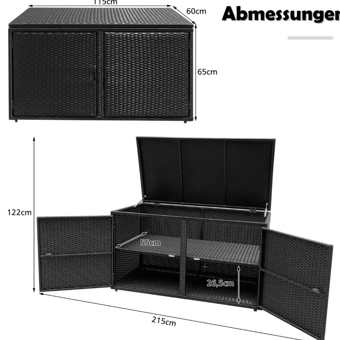333L Rattan Auflagenbox mit Doppeltüren & Deckel & Ablage Kissenbox Gartenbox Sitzbank