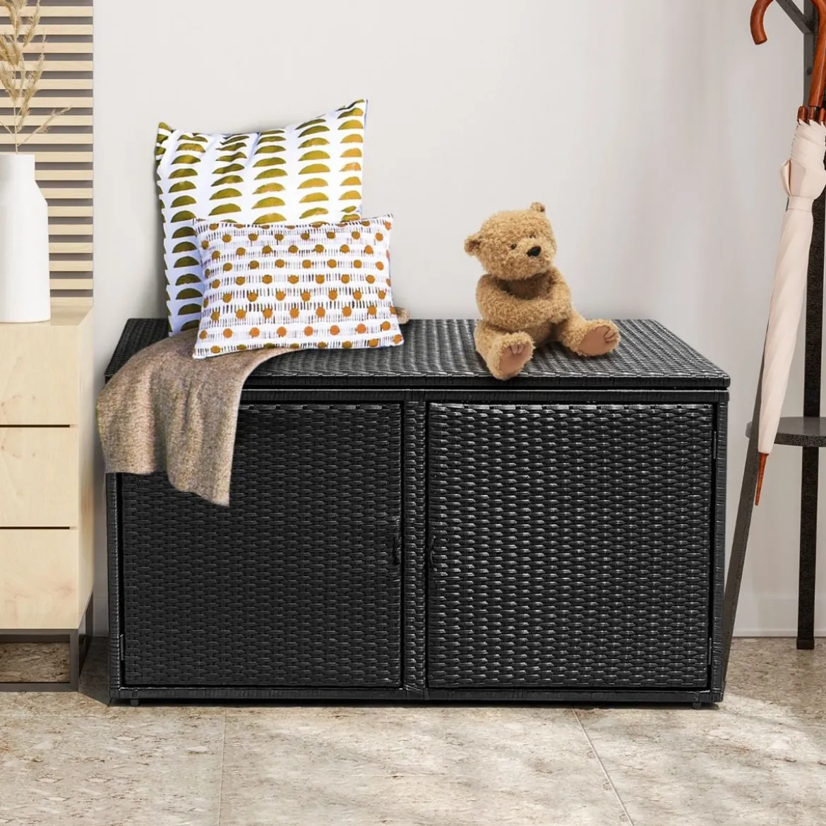 333L Rattan Auflagenbox mit Doppeltüren & Deckel & Ablage Kissenbox Gartenbox Sitzbank