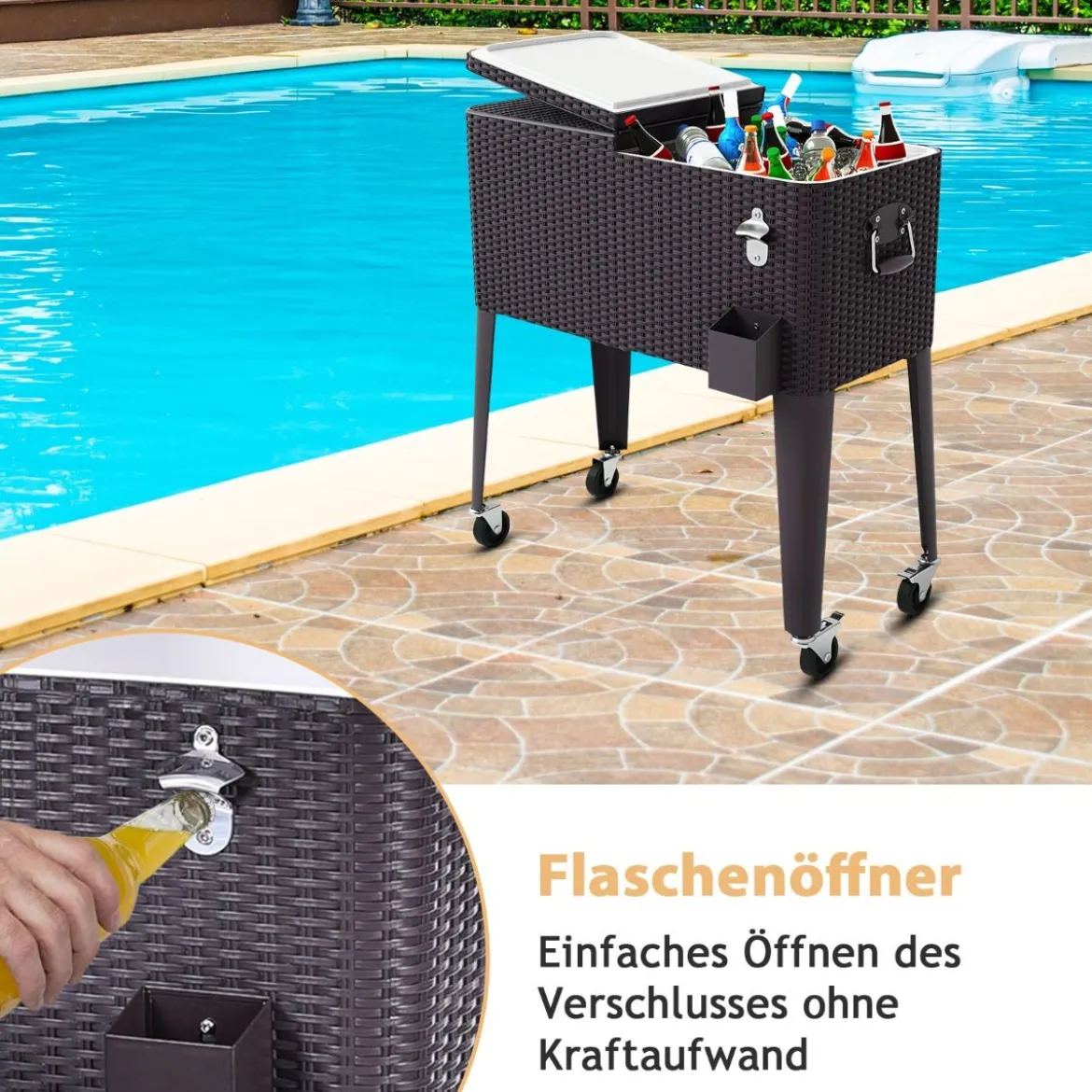 76 L Rollender Kühlwagen Getränkekühler aus Rattan 83 x 48 x 87 cm Braun