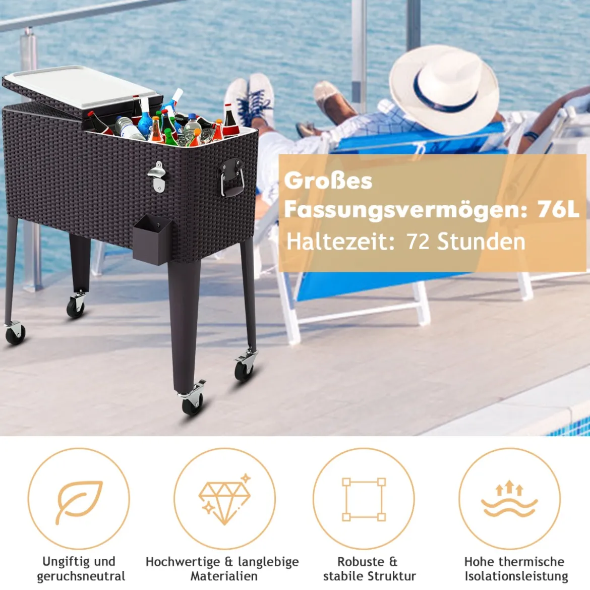 76 L Rollender Kühlwagen Getränkekühler aus Rattan 83 x 48 x 87 cm Braun