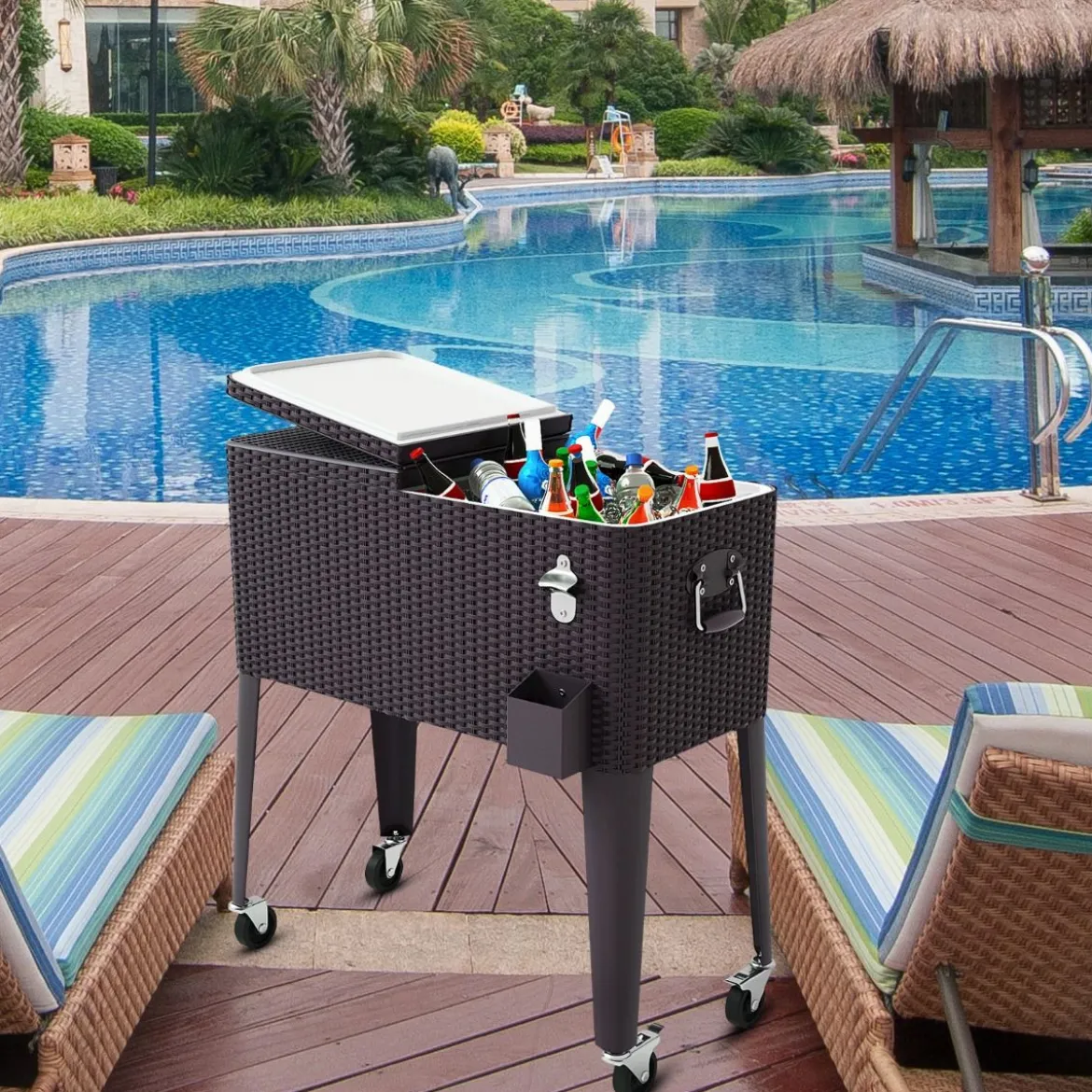 76 L Rollender Kühlwagen Getränkekühler aus Rattan 83 x 48 x 87 cm Braun