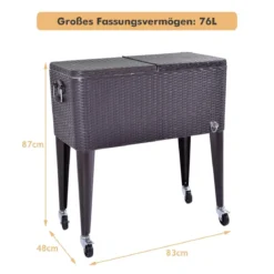 76 L Rollender Kühlwagen Getränkekühler aus Rattan 83 x 48 x 87 cm Braun