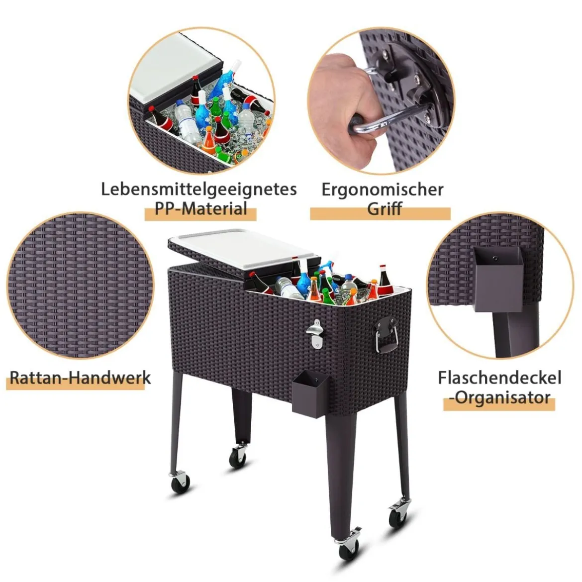 76 L Rollender Kühlwagen Getränkekühler aus Rattan 83 x 48 x 87 cm Braun
