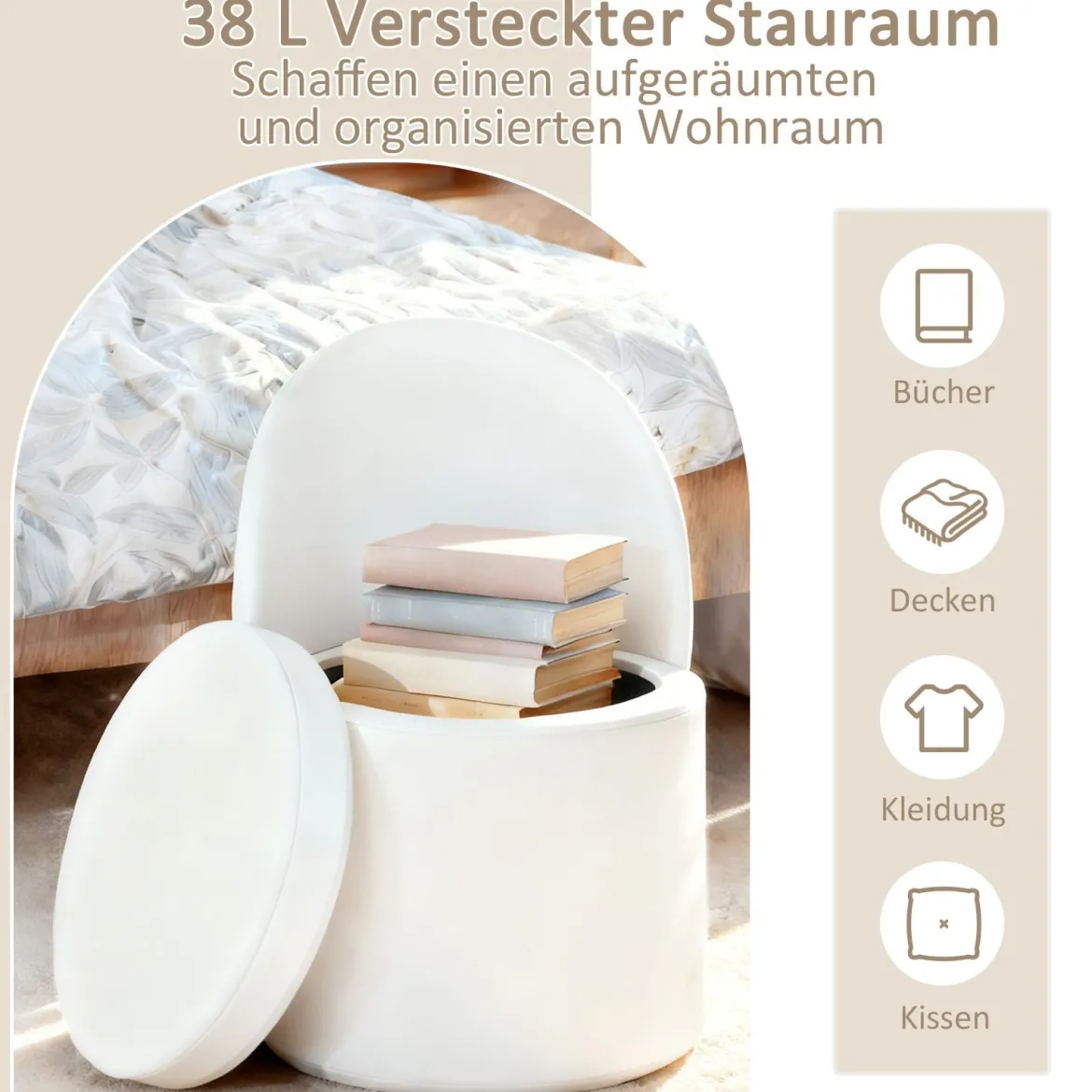 38 L Schminkhocker mit Rückenlehne & 9cm schwammgepolstertem Sitz Sitzhocker Ottomane