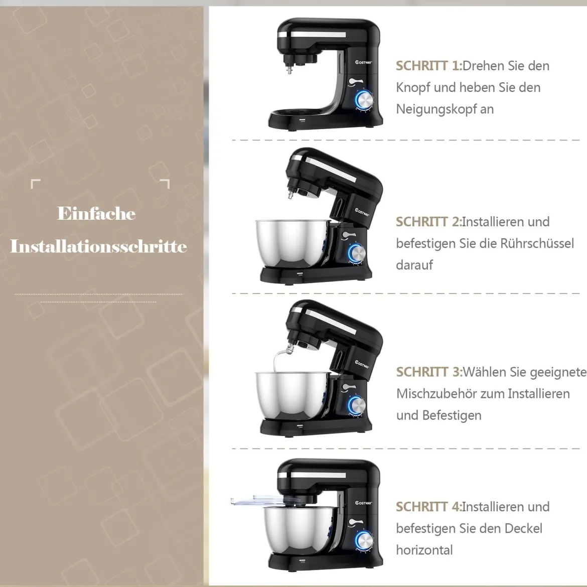 4,5 L Standmixer, 8-Gang-Küchenmaschine multifunktionaler elektrischer Küchenmixer mit Knethaken Schwarz