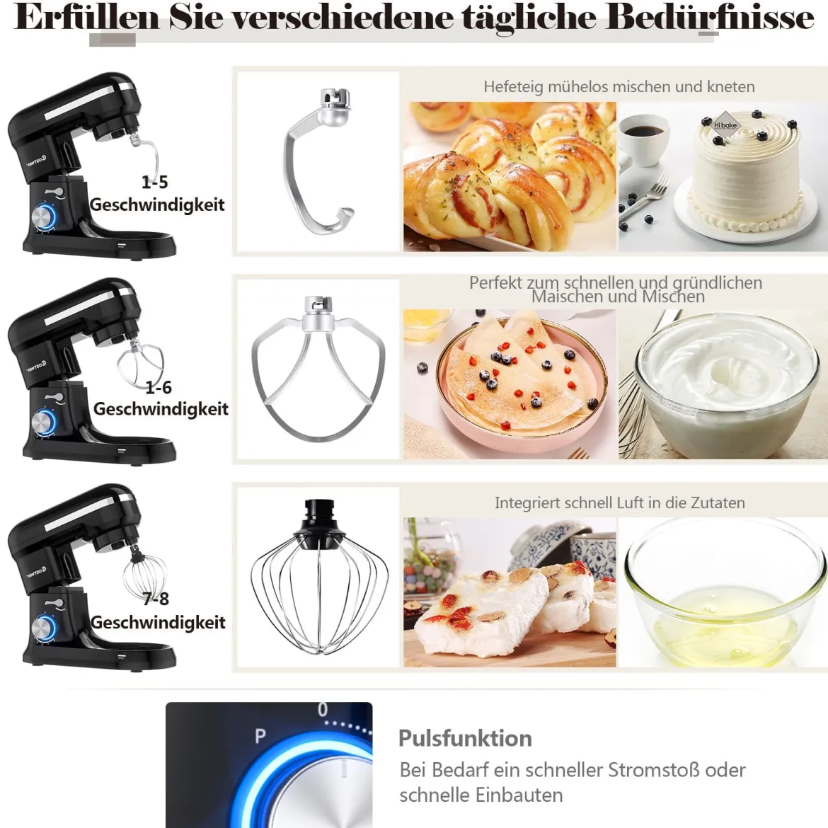 4,5 L Standmixer, 8-Gang-Küchenmaschine multifunktionaler elektrischer Küchenmixer mit Knethaken Schwarz