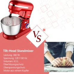 4,5 L Standmixer mit kippbarem Kopf 1300W Küchenmaschine Knetmaschine Rührmaschine 8 Stufen Rot