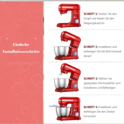 4,5 L Standmixer mit kippbarem Kopf 1300W Küchenmaschine Knetmaschine Rührmaschine 8 Stufen Rot