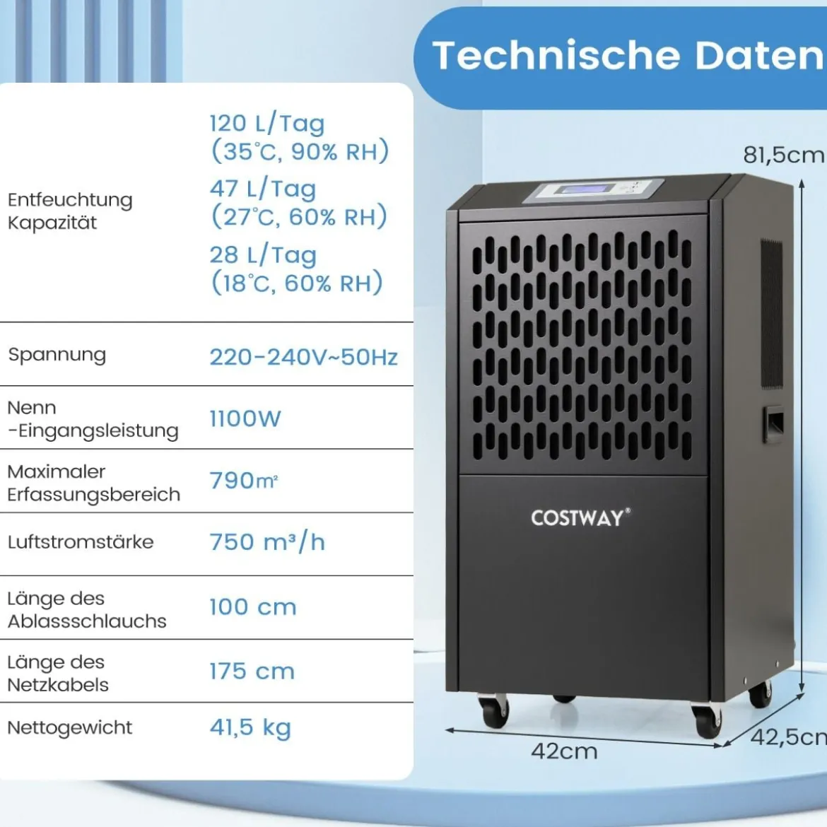 118 L/Tag Bautrockner mit Ablaufschlauch & 24H Timer & 4 Rädern Kommerzieller Luftentfeuchter