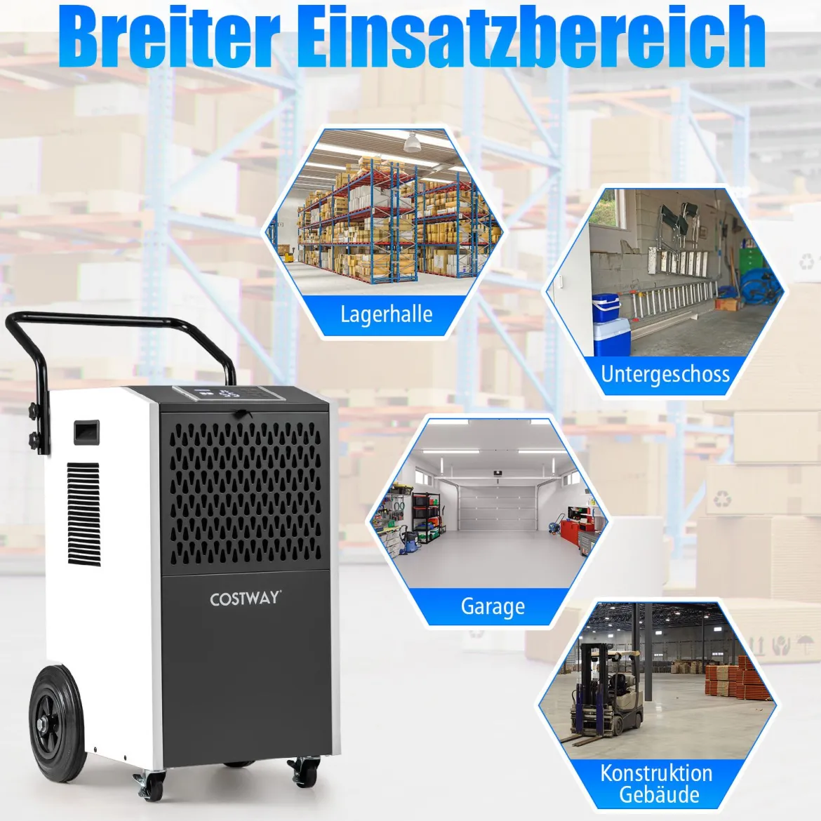 73 L/Tag Kommerzieller Luftentfeuchter Industrieller Bautrockner mit Ablaufschlauch & 24H Timer Weiß