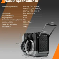 85 L/Tag Luftentfeuchter Bautrockner mit Pumpe & Ablaufschlauch Industrie Trocknungsgerät mit 24H Timer