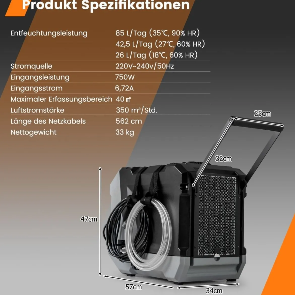 85 L/Tag Luftentfeuchter Bautrockner mit Pumpe & Ablaufschlauch Industrie Trocknungsgerät mit 24H Timer