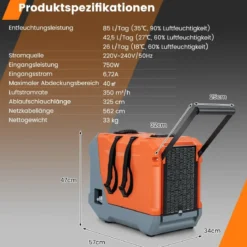 85 L/Tag Luftentfeuchter Bautrockner mit Pumpe & Ablaufschlauch Industrie Trocknungsgerät mit 24H Timer Orange + Grau