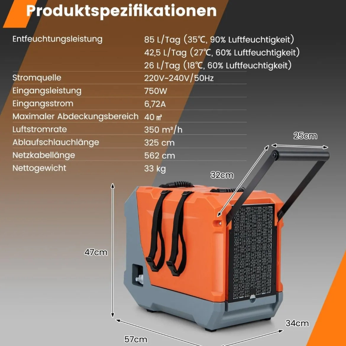 85 L/Tag Luftentfeuchter Bautrockner mit Pumpe & Ablaufschlauch Industrie Trocknungsgerät mit 24H Timer Orange + Grau