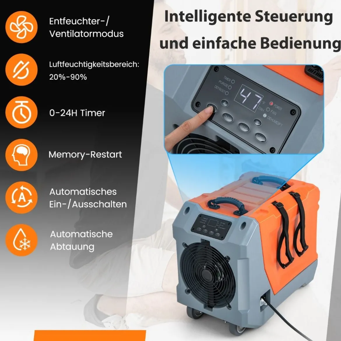 85 L/Tag Luftentfeuchter Bautrockner mit Pumpe & Ablaufschlauch Industrie Trocknungsgerät mit 24H Timer Orange + Grau