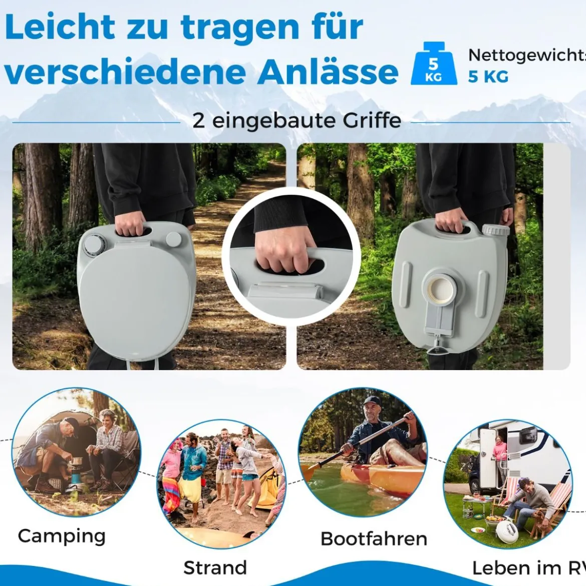 20L Tragbare Toilette mit Abnehmbarem Abfalltank & Auslaufsicherem Sitz & Spülpumpe Grau