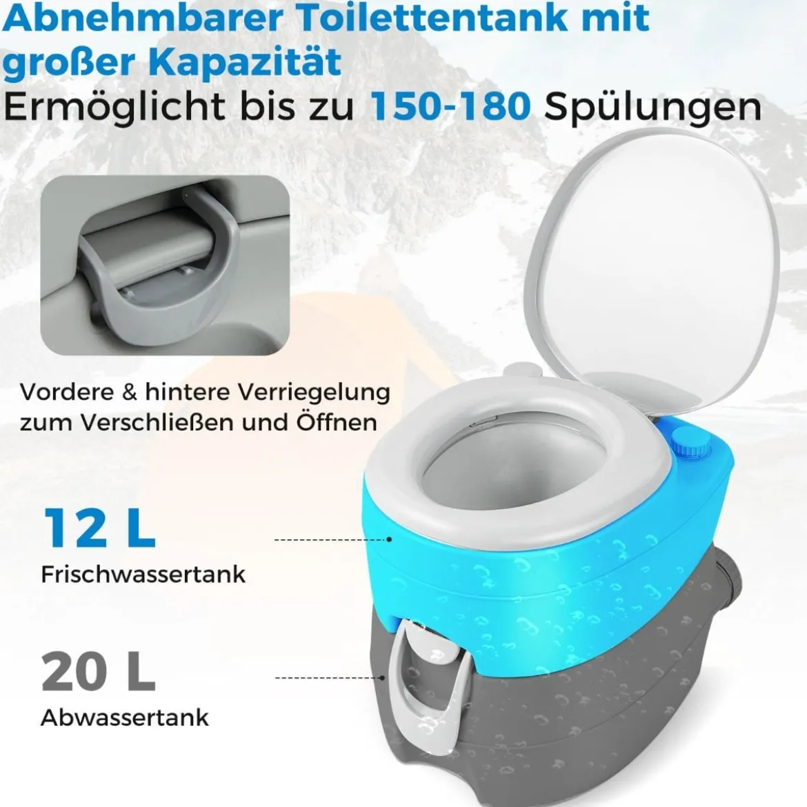 20L Tragbare Toilette mit Abnehmbarem Abfalltank & Auslaufsicherem Sitz & Spülpumpe Grau