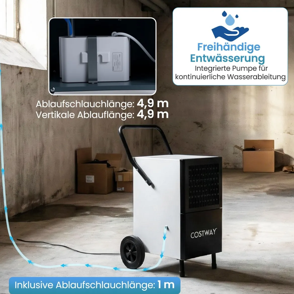 Luftentfeuchter Gewerblich 60 L/Tag Entfeuchter für 200 m² Raum Bautrockner mit Pumpe & Ablaufschlauch
