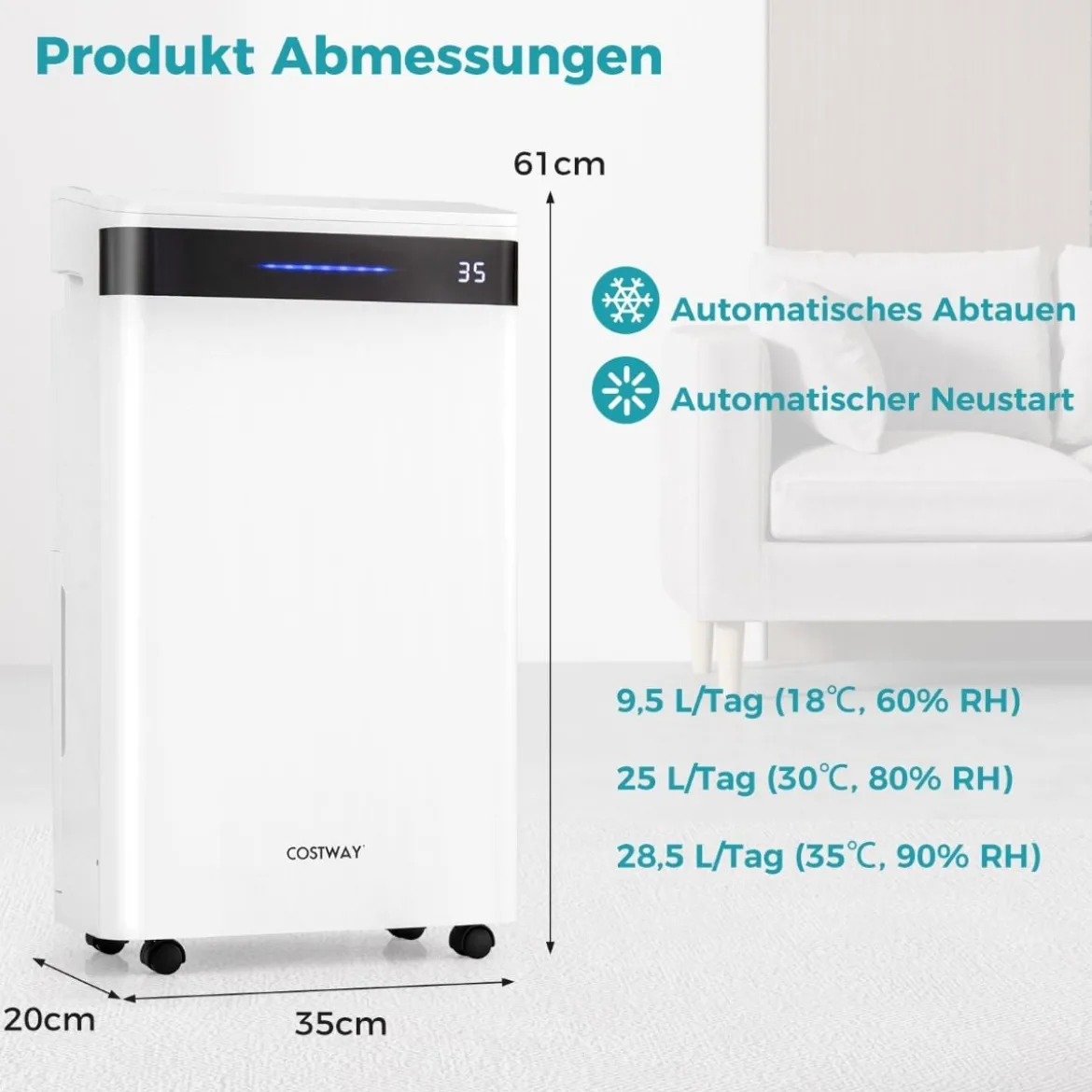 Luftentfeuchter 28,5L in 24h Raumgröße ca. 35m² mit 4 Modi & 3-farbiger Anzeige Weiß