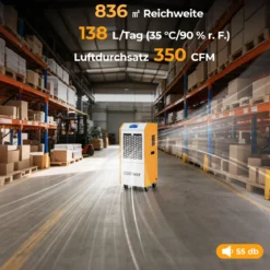 Luftentfeuchter 90L/Tag Bautrockner Kommerziell mit Pumpe Ablaufschlauch 4 Rädern 24H Timer