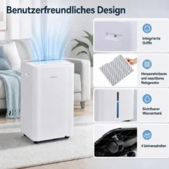 Luftentfeuchter 20L/Tag mit Rollen & 3 Entfeuchtungsmodi Tragbarer Lufttrockner mit Ablaufschlauch