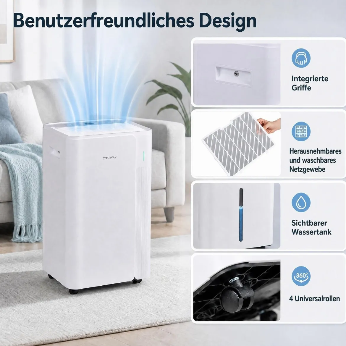 Luftentfeuchter 20L/Tag mit Rollen & 3 Entfeuchtungsmodi Tragbarer Lufttrockner mit Ablaufschlauch