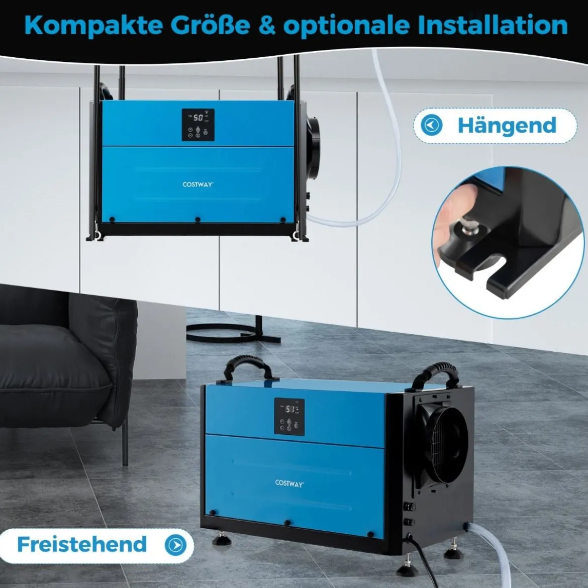 Luftentfeuchter mit 3 Modi & 24H Timer Bautrockner hängend 2 in 1 Industrie Trocknungsgerät Blau/Weiß 27-73 L/Tag