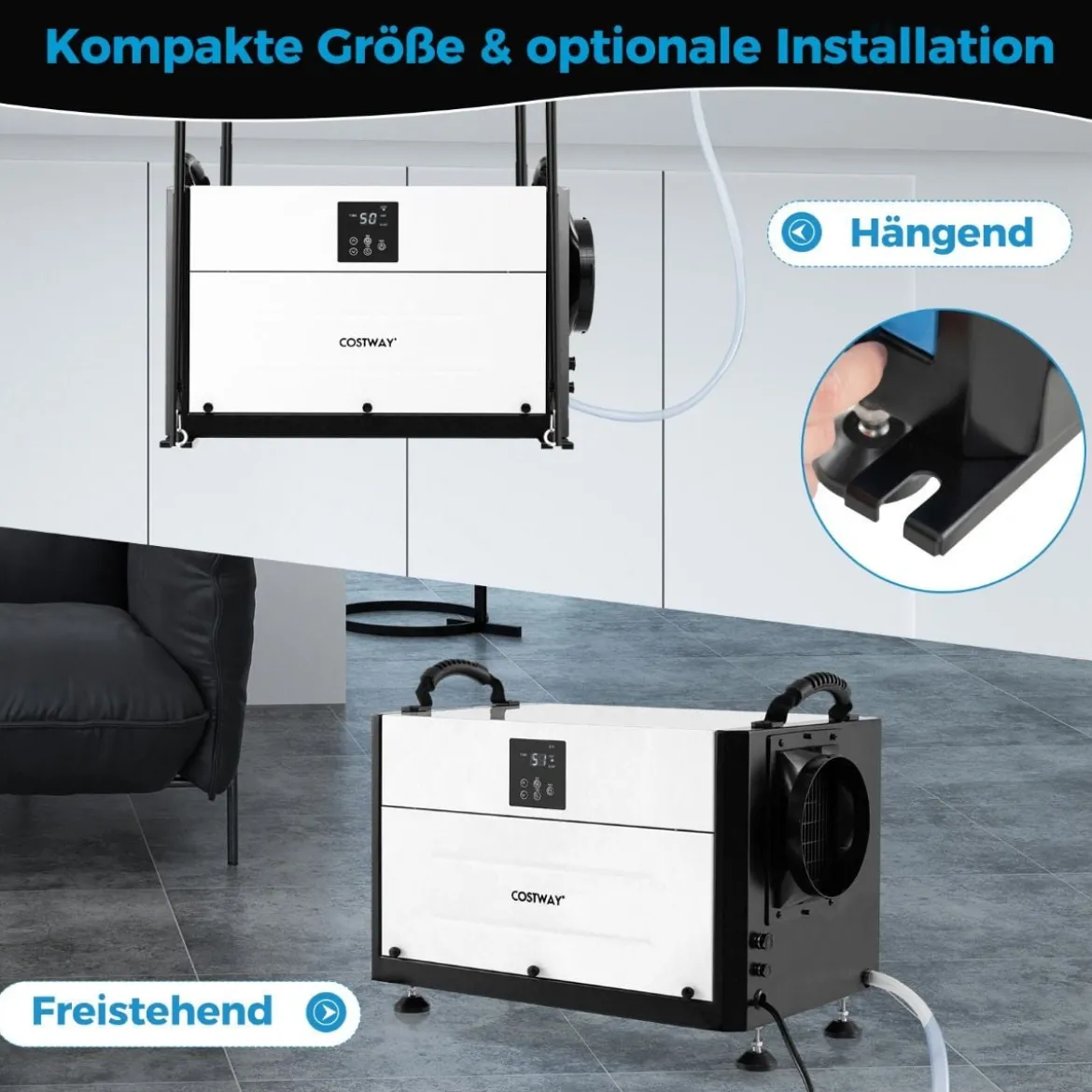 Luftentfeuchter mit 3 Modi & 24H Timer Bautrockner hängend 2 in 1 Industrie Trocknungsgerät Blau/Weiß 27-73 L/Tag