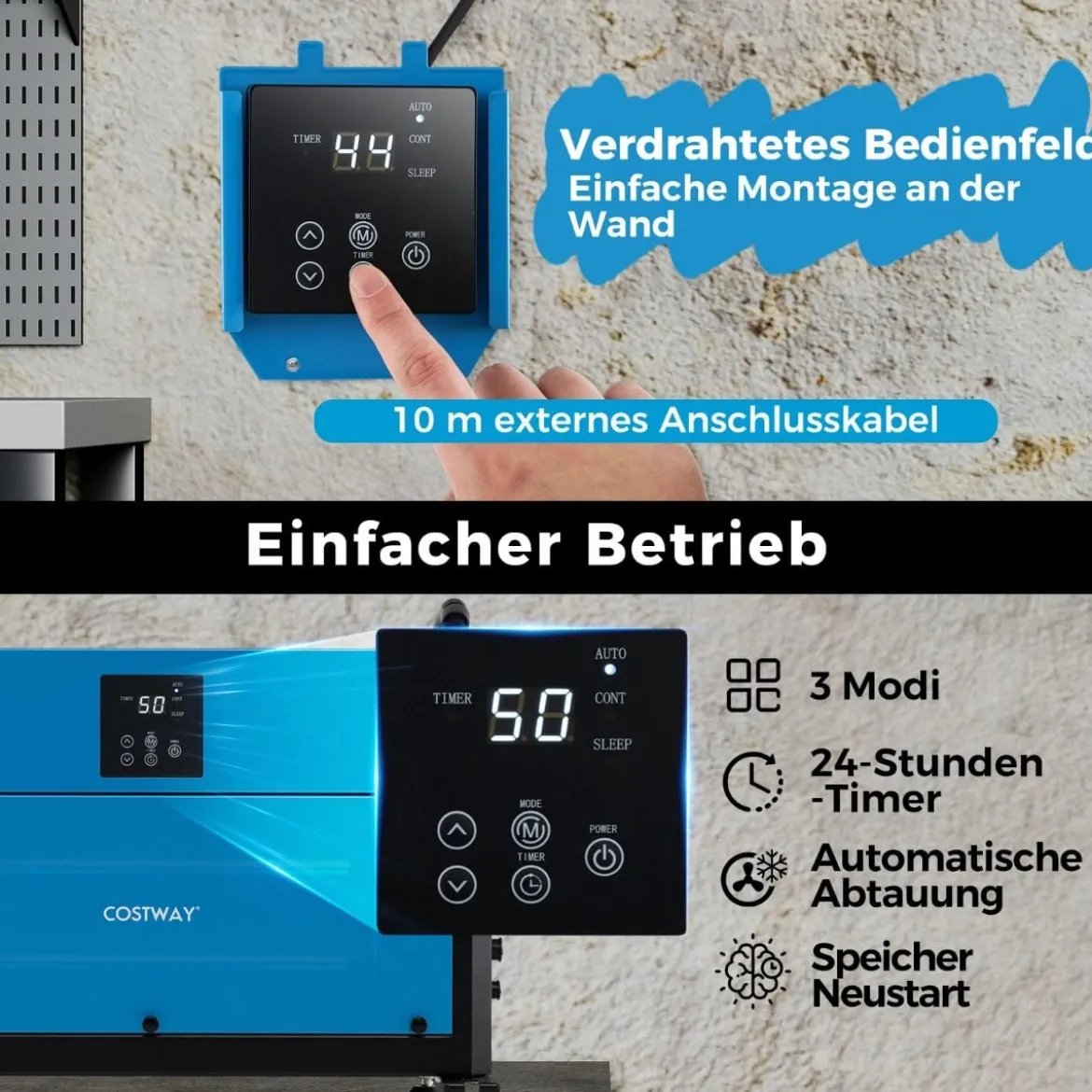 Luftentfeuchter mit 3 Modi & 24H Timer Bautrockner hängend 2 in 1 Industrie Trocknungsgerät Blau/Weiß 27-73 L/Tag