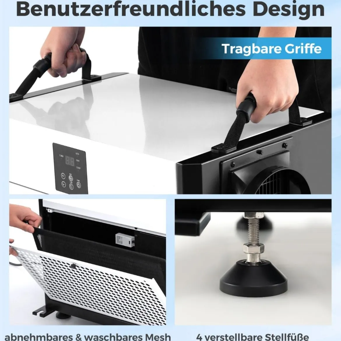 Luftentfeuchter mit 3 Modi & 24H Timer Bautrockner hängend 2 in 1 Industrie Trocknungsgerät Blau/Weiß 27-73 L/Tag