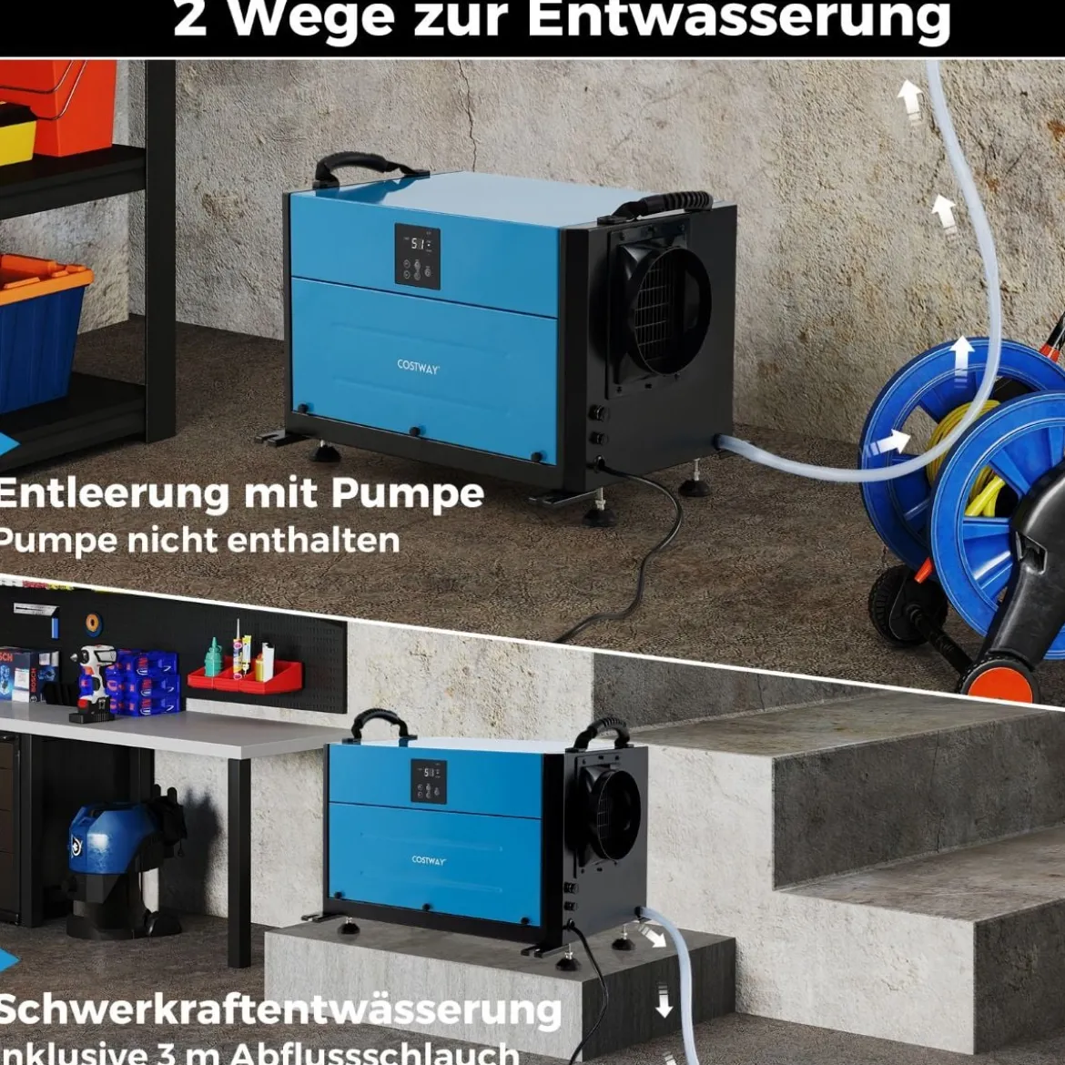 Luftentfeuchter mit 3 Modi & 24H Timer Bautrockner hängend 2 in 1 Industrie Trocknungsgerät Blau/Weiß 27-73 L/Tag