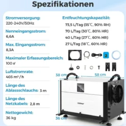 Luftentfeuchter mit 3 Modi & 24H Timer Bautrockner hängend 2 in 1 Industrie Trocknungsgerät Blau/Weiß 27-73 L/Tag