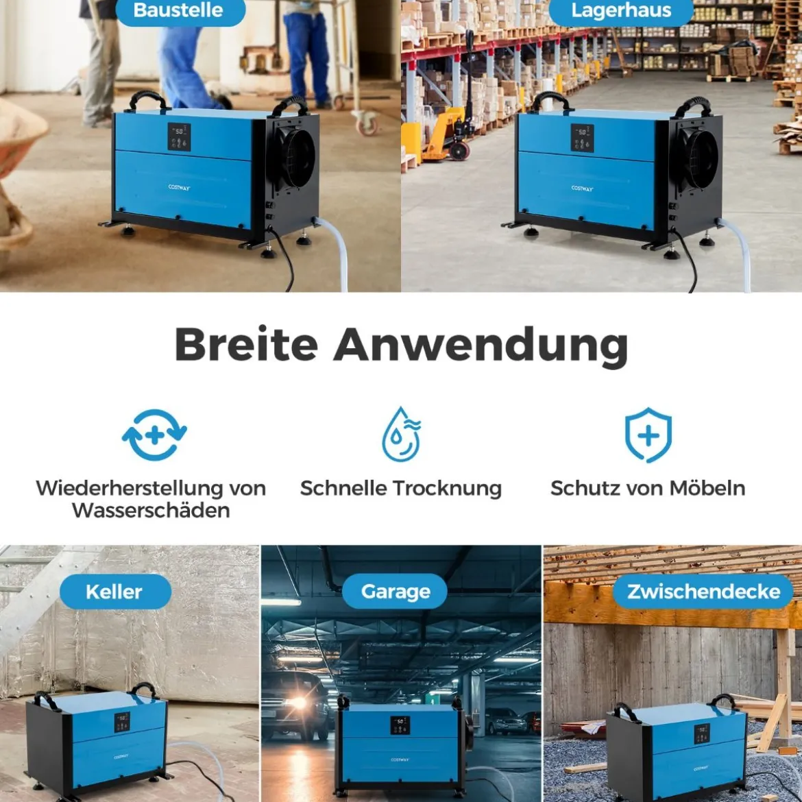 Luftentfeuchter mit 3 Modi & 24H Timer Bautrockner hängend 2 in 1 Industrie Trocknungsgerät Blau/Weiß 27-73 L/Tag